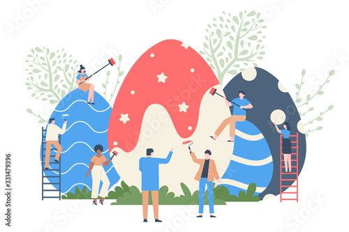 Easter egg colouring. Spring event eggs decorating, characters paint huge easter eggs, spring holiday colorful chocolate egg vector illustration. Easter spring event, egg decoration for holiday