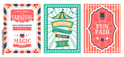 Retro circus poster. Vintage circus carnival show invitation, holiday party flyer templates, magic circus event elements vector illustration set. Magic circus festival, invitation to carnival card