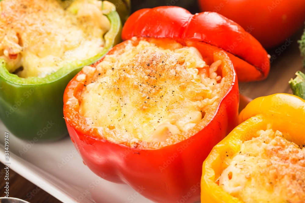 Seafood rice with cheese, stuffed peppers with rice and minced meat. .Grilled green pepper with cheese Seafood rice with cheese, stuffed peppers with rice and minced meat. .Grilled green pepper with cheese