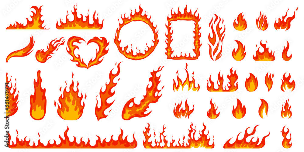 Cartoon campfire. Fire flames, bright fireball, heat wildfire and red hot bonfire, campfire, red fiery flames isolated vector illustration set. Animated form and square, fireball and flame