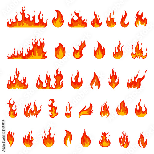 Cartoon flame. Fire fireball, red hot campfire, yellow heat wildfire and bonfire, burn power fiery silhouettes isolated vector illustration set. Fireball power light, flame bonfire energy photo