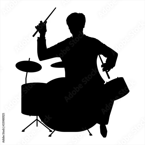 Vector Illustration of man silhouette beating the drums in the style of the 1920s. Handsome young european jazz musician dressed in an elegant tuxedo. Character isolated on a white background