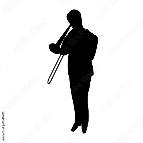 Vector Illustration of man silhouette playing the trombone in the style of the 1920s. Handsome young european jazz musician dressed in an elegant tuxedo. Character isolated on a white background
