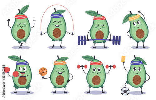 Avocado fitness. Funny doodle avocado character do sport, meditation, play soccer, sports avocado mascot isolated vector illustration icons set. Avocado cartoon food, fitness fruit healthy