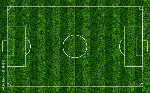 Realistic soccer grass field. Football lawn field, stadium green grass texture top view playground, sports field with markup vector background. Grass field, soccer green for championship illustration