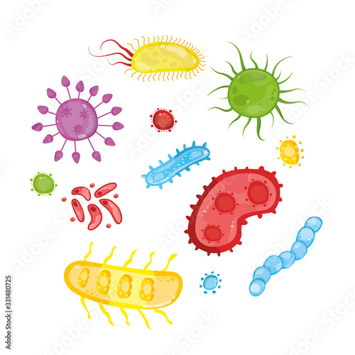 Modern vector illustration of different types of virus and bacteria. Isolated on white background. Cute set of microorganism and microbe. Bacterial infection.