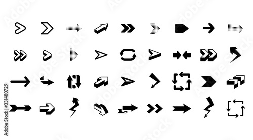 Graphic arrows. Interface graphic icons, arrowhead direction pointers isolated vector. Dot and curve arrow, internet ui illustration