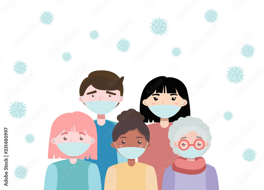 Group of People with protective face masks and Coronavirus CoV. Quarantine and virus infection. Stop COVID-19, 2019-nCoV Novel Corona virus.