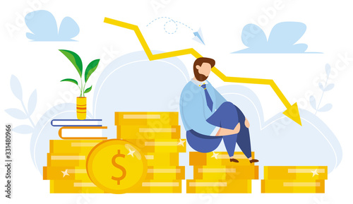 Modern vector illustration of world financial crisis. Oil price drop. Collapse of the economy. Bankruptcy. Down arrow stocks graph. Economy stock market crash down. Depression amid losing money