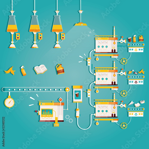 Modern vector illustration of garbage sorting and processing factory. Recycling process of converting waste in new material. Manufacturing of rubbish.Technology of recycle and cleaning industry.