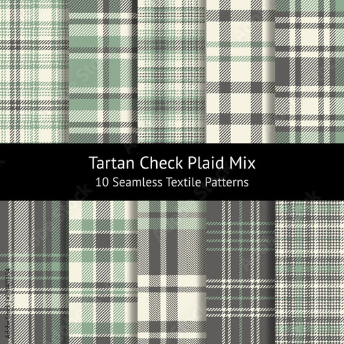 Plaid pattern set. Seamless green, grey, and off white tartan check plaid graphics for flannel shirt, skirt, blanket, duvet cover, or other spring, summer, autumn, and winter fabric prints.