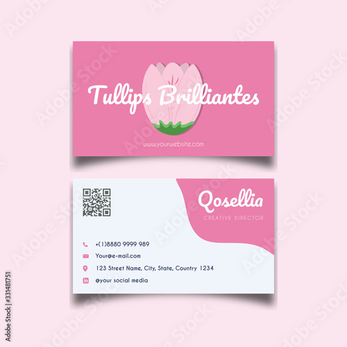 Beautiful white pink tulip flower business card template
