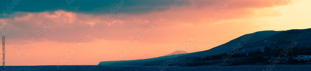  Panorama of Golden Sunset Over The Mountains Silhouette Of A Mountain Range Against The Sky At Sunset