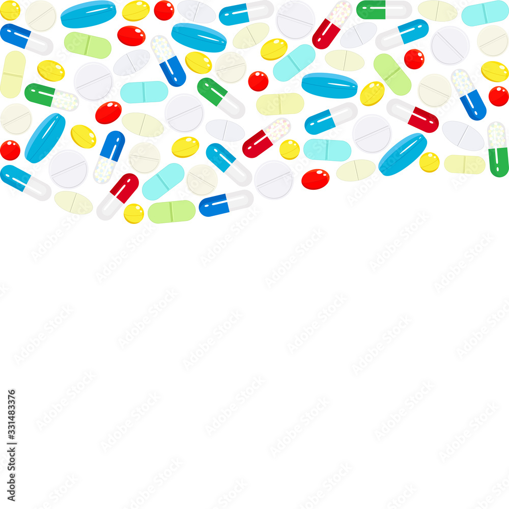 Background with a wavy border of medicines and vitamins. Design template for medical center, pharmacy, hospital. Concept of medicine, health, health care, health service, medical service. Vector