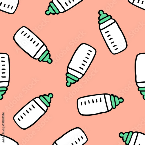 baby nipple bottle seamless doodle pattern, vector illustration