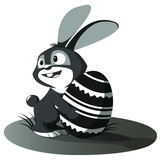 Smiling easter bunny in black and gray tones in an embrace with an easter egg in a clearing. Vector graphics.