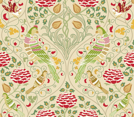 Fototapete Beigefarbene Muster Vintage Blumen und Vögel Muster  © yblaz