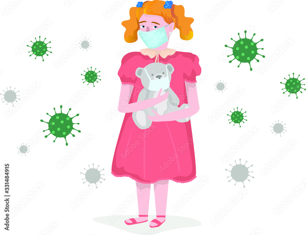 Little girl in a mask. Virus protection. Infection in the air Little girl in a mask. Virus protection. Infection in the air