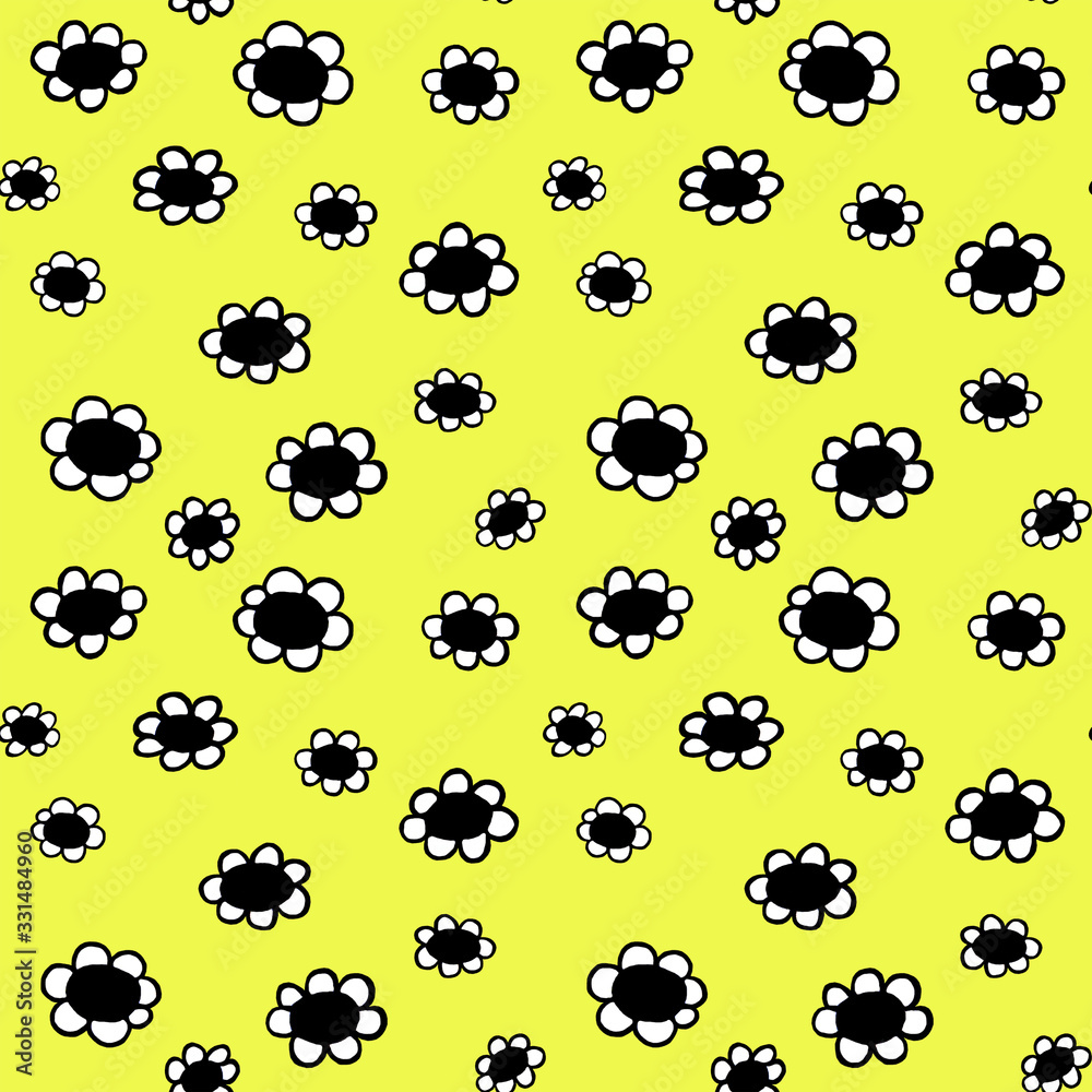 Seamless botanical pattern isolated on a yellow background. Outline illustration of daisy flowers. Good for textile, wrap, paper and card design.