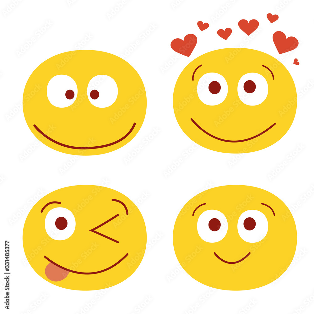 Modern vector illustration of set of cute funny emoticons. Emoji set. Set for social networks, messenger and chats. Different smiles with laugh kisses surprise love and sadness