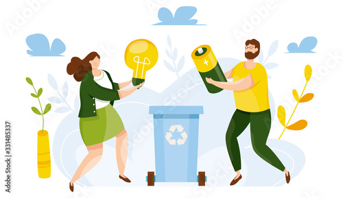 Modern vector illustration of cute people putting rubbish in trash bin. People sorting each type of garbage into the trash. Environmental protection. Ecology concept. Waste separation. Recycle thrash.