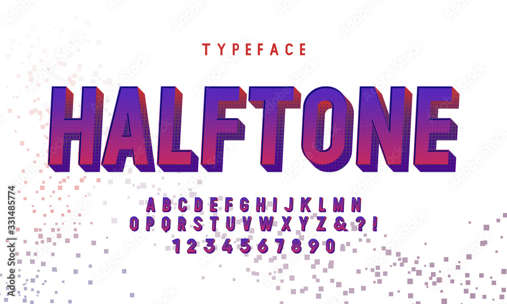 Fototapeta premium 3D modern abstract font and alphabet. Vintage halftone font, alphabet letters and numbers vector illustration.