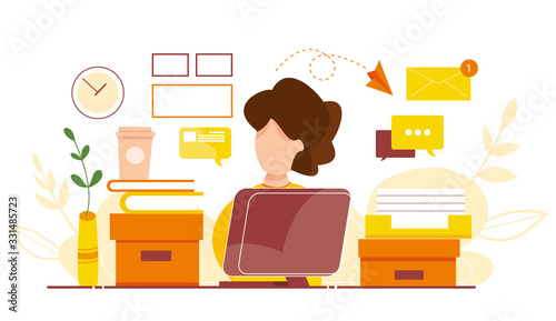 Modern vector illustration of working at home. Woman work in comfortable conditions. Home office. Freelancer with cat, plant. Epidemic quarantine. Self employed concept. Businessman with laptop.