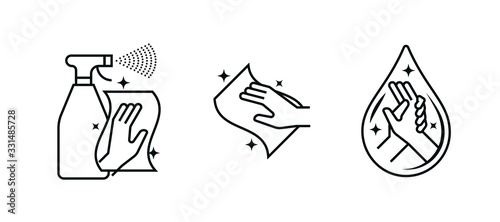 Hand wash sanitizer, antibacterial wipes and disinfection spray vector icons. Coronavirus antiseptic and alcohol sanitizer gel, antibacterial hand wash signs