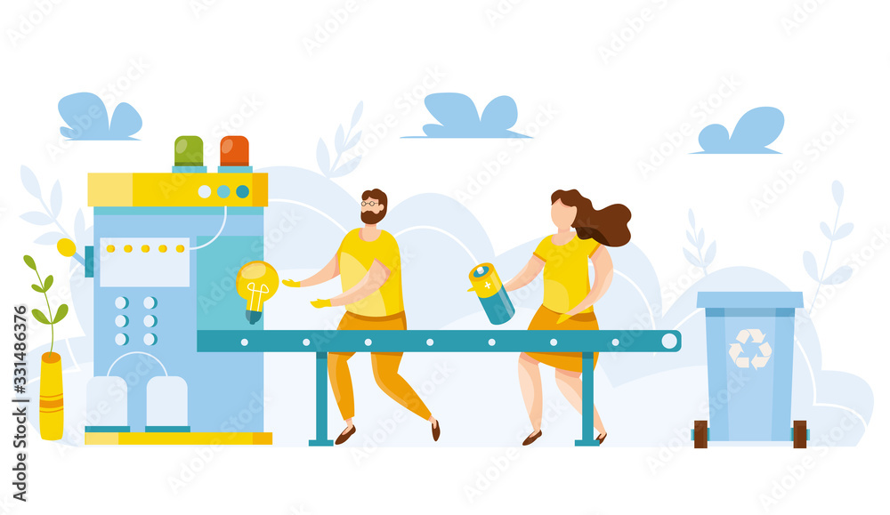 Vector illustration. Conveyor. Cute people sorting rubbish in trash bin. People sorting each type of garbage into the trash Environmental protection. Ecology concept. Waste separation. Recycle thrash.