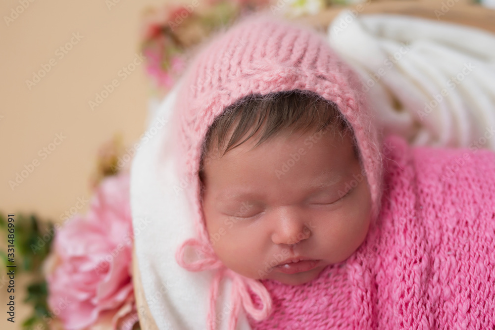 Sleeping newborn baby. Healthy and medical concept. Healthy child, concept of hospital and happy motherhood. Infant baby. Happy pregnancy and childbirth. Children's theme. Baby and childen's goods