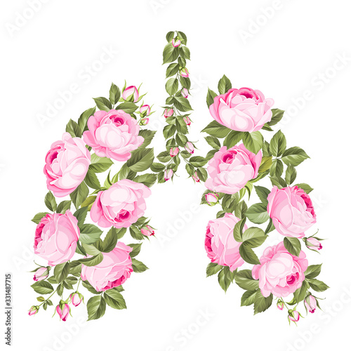 Pink roses in form of human lungs as symbol of health. Save your health stay at home. Coronavirus can reduce lung function. Vector illustration.