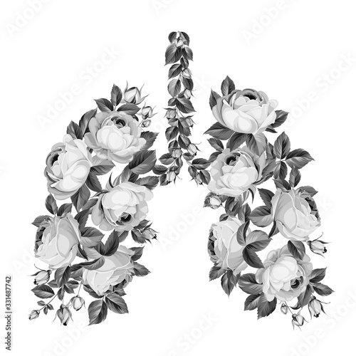 Pink roses in form of human lungs as symbol of health. Save your health stay at home. Coronavirus can reduce lung function. Vector illustration.