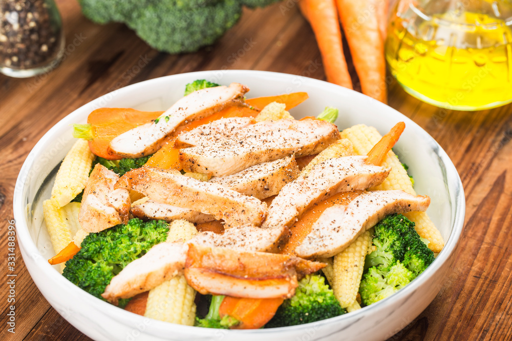 Chicken breast with fresh salad, Healthy lunch menu. Diet food. Chicken breast with fresh salad, Healthy lunch menu. Diet food.