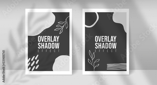 Shadow Overlay Plant Vector Mockup two A4 Paper sheets. Shadows overlay leaf and window light effects. Modern minimalist style. For presentation Flyer, Poster, blank, logo, invitation.