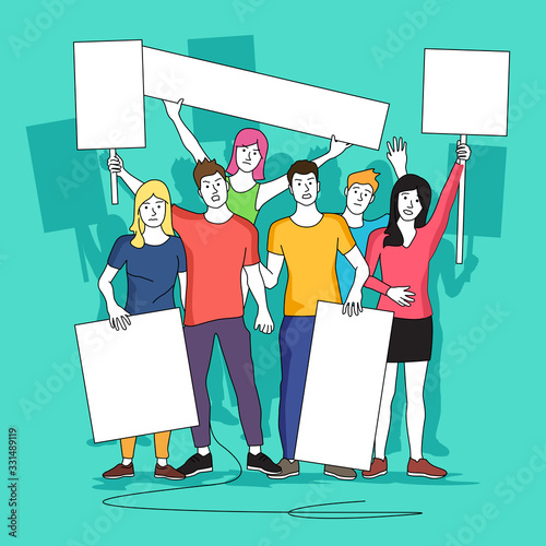 A group of protestors holing up blank signs and banners. People vector illustration.
