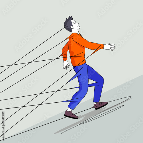 A man trying to walk away but being held back by strings attached to him. People vector illustration concept.