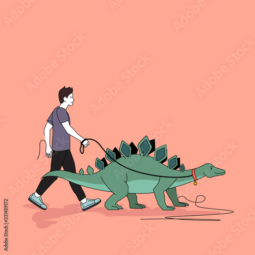 A man taking his pet Stegosaurus dinosaur outside in the park for a walk. People concept vector illustration