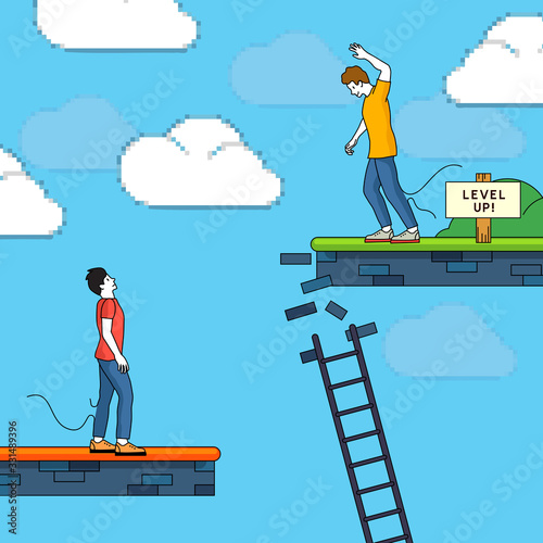 A man levels up in a game but leaves his friend behind. People illustration vector concept.