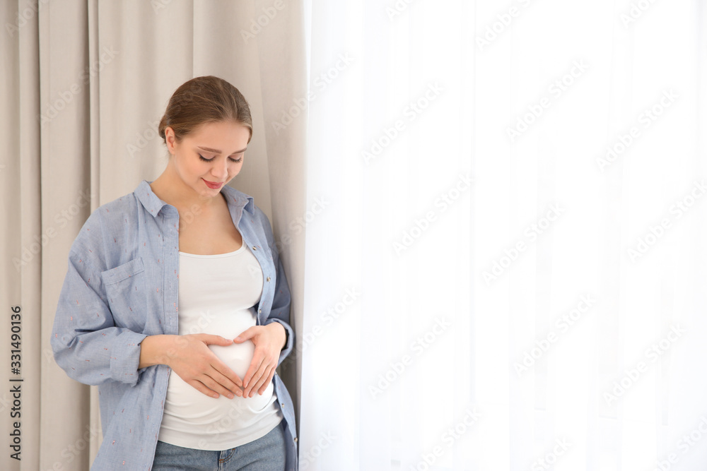 Young pregnant woman near window at home. Space for text Young pregnant woman near window at home. Space for text