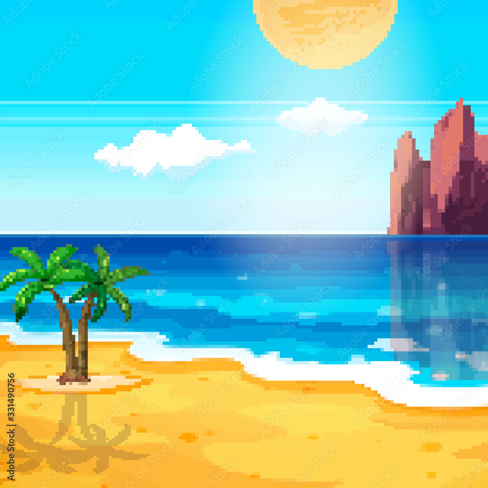 Pixel background for summer vacation.Summer beach game background. Pixel art 8 bit. 