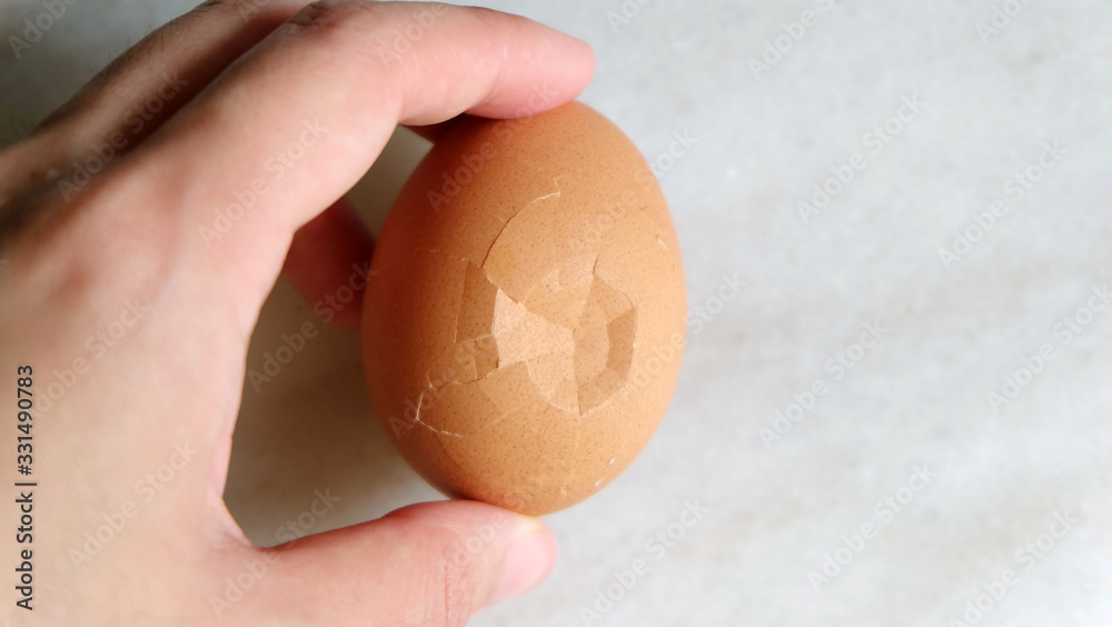 Hand holding a brown egg, with cracks on the egg shell. Hand holding a brown egg, with cracks on the egg shell.