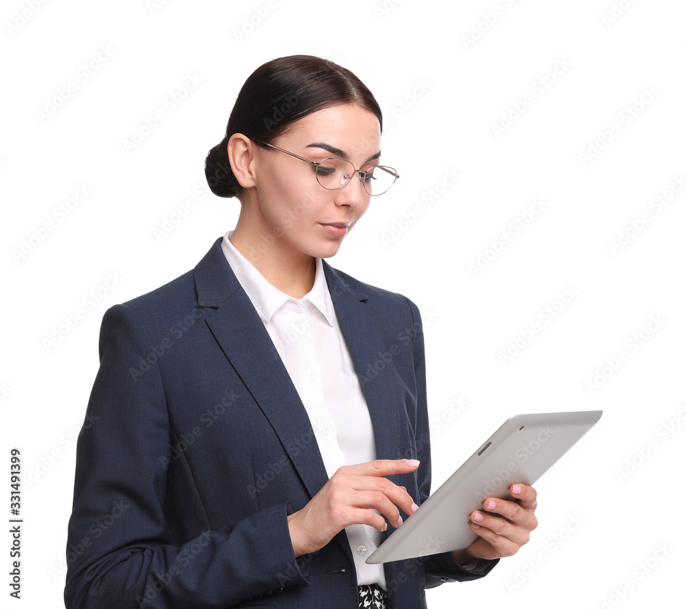Young businesswoman with tablet on white background Young businesswoman with tablet on white background
