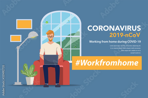 Employees are working from home to avoid spreading the coronavirus. Programmer developer character.