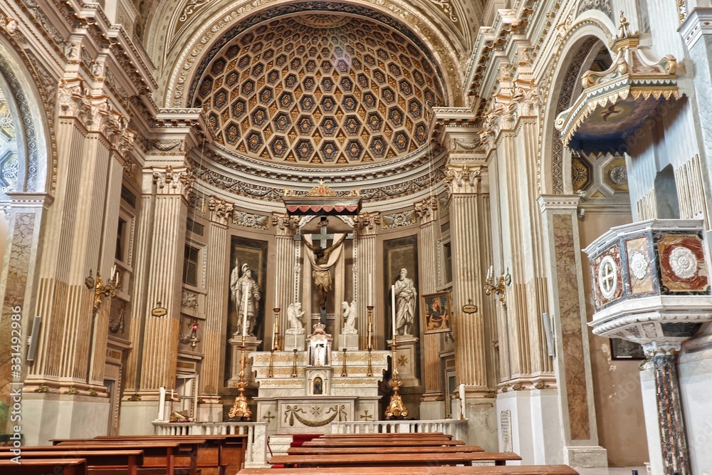 Central nave of the Basilica of the Holy Cross in Cagliari, Sardinia, Italy