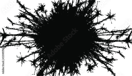 Circular artistic explosion texture. Distressed uneven grunge background. Abstract vector illustration. Overlay to create interesting effect and depth. Isolated on white background.