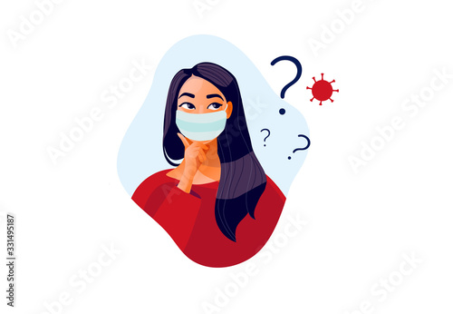 2019-ncov quarantine. Sad woman in protective mask . Thinking girl. Doubts, problems, thoughts, emotions. Curious woman questioning, question mark. Vector illustration. Coronavirus panic.  photo