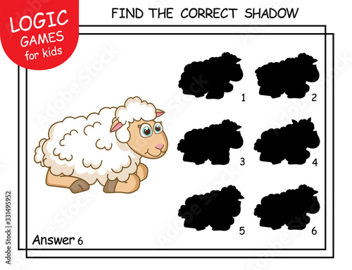 Find the correct shadow. Cute cartoon Lamb, Sheep. Educational matching game for children with cartoon character. Logic Game for Kids. Education card with task for children preschool and kindergarten.
