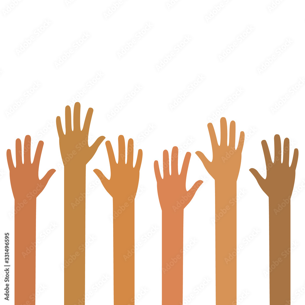 Vector up hands, teamwork design over. Colorful up hands. Partners company friendship in flat style isolated on white