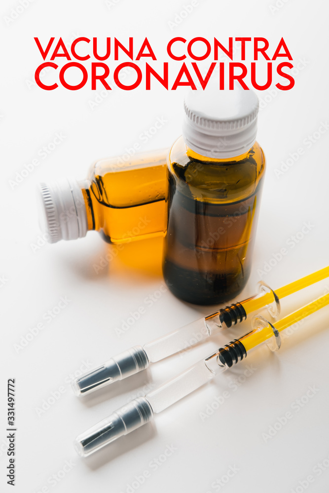 Coronavirus Vaccine, Corona virus Vaccine concept with syringe and.antidote on white background. Vaccine Concept of fight against coronavirus. Coronavirus Vaccine, Corona virus Vaccine concept with syringe and.antidote on white background. Vaccine Concept of fight against coronavirus.