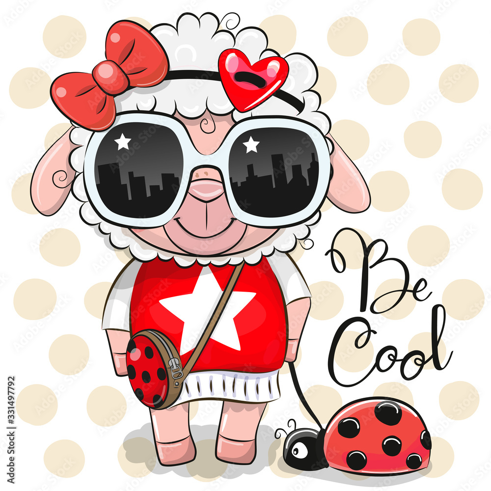 Cartoon Sheep with sun glasses and ladybug Stock Vector | Adobe Stock